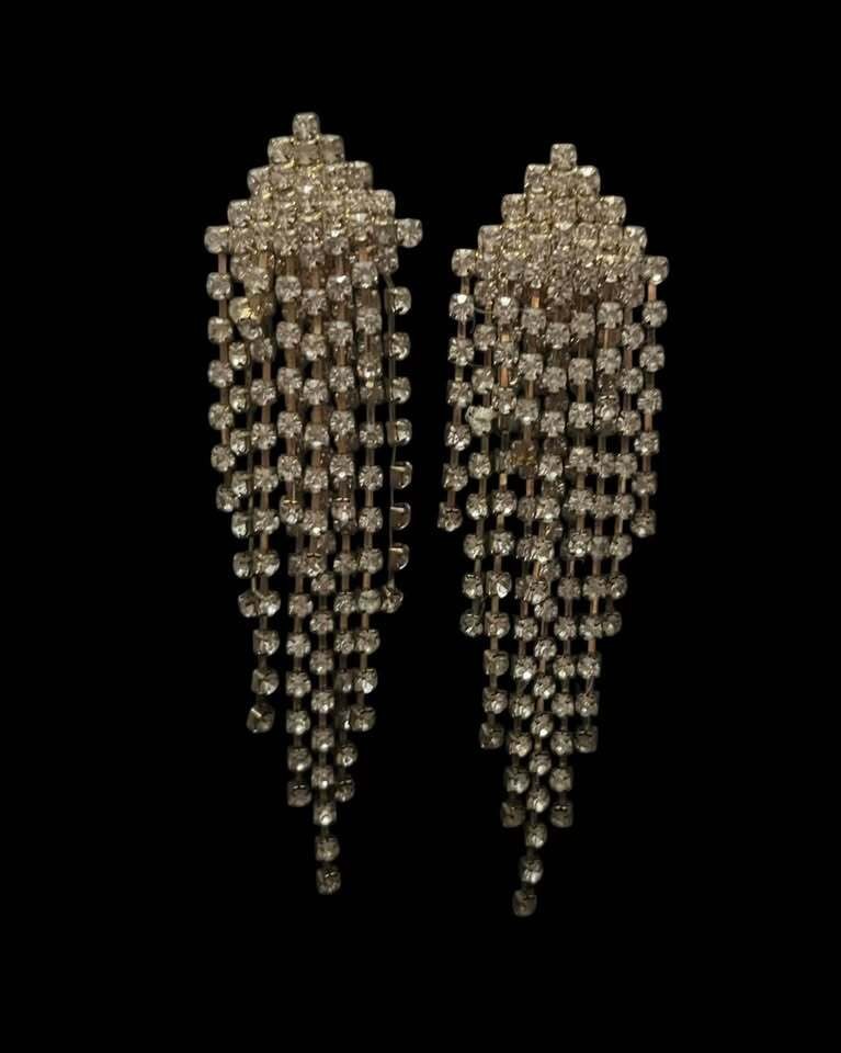 Vintage Rhinestone Waterfall Dangle Clip On Earrings