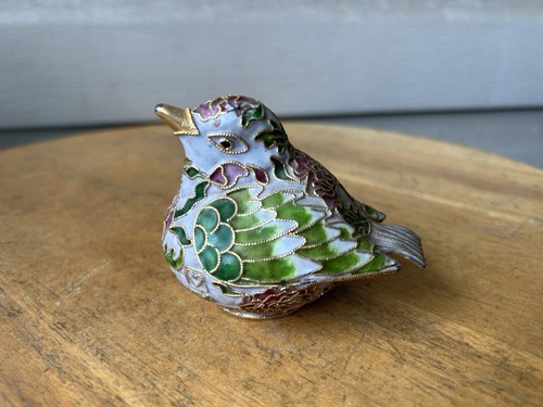 Cloisonne Bird Pink Floral Enamel Sculpture Figurine 3" Beak Wear