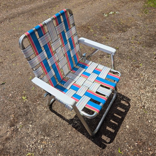 Vintage Webbed Folding Chair Aluminum Pink White Blue Summer Patio Lightweight