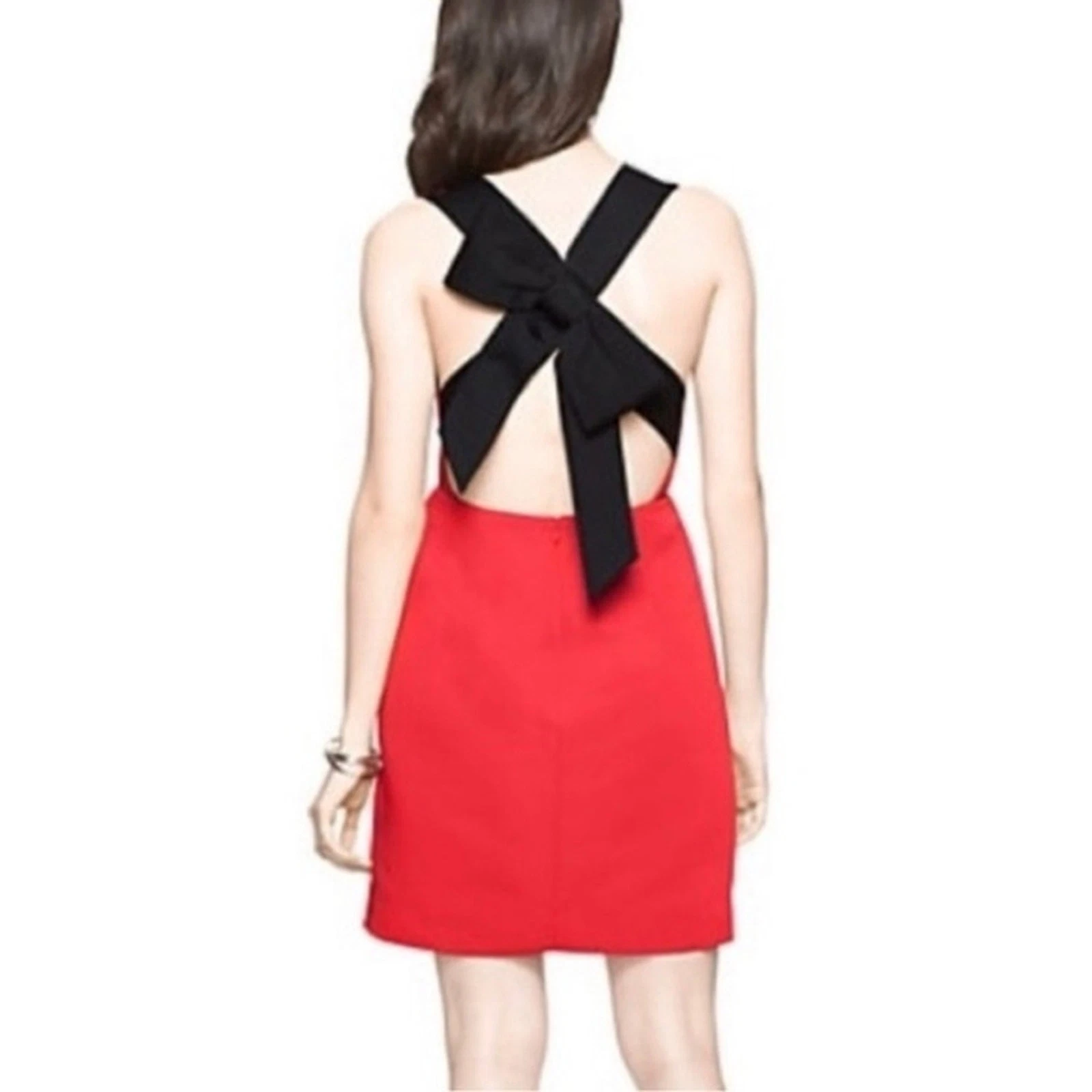 Abito da cocktail Kate Spade rosso in raso tubino con dettaglio fiocco nero taglia 4