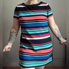 London Style Multicolor Striped Shift Dress Rainbow Mini Textured Vibrant Party