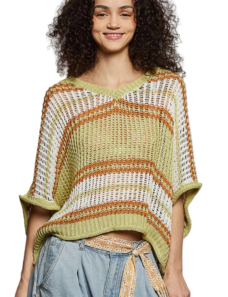 POLKnitTopOpenworkLightweightStripedV-NeckOversized3/4SleeveRelaxedFi