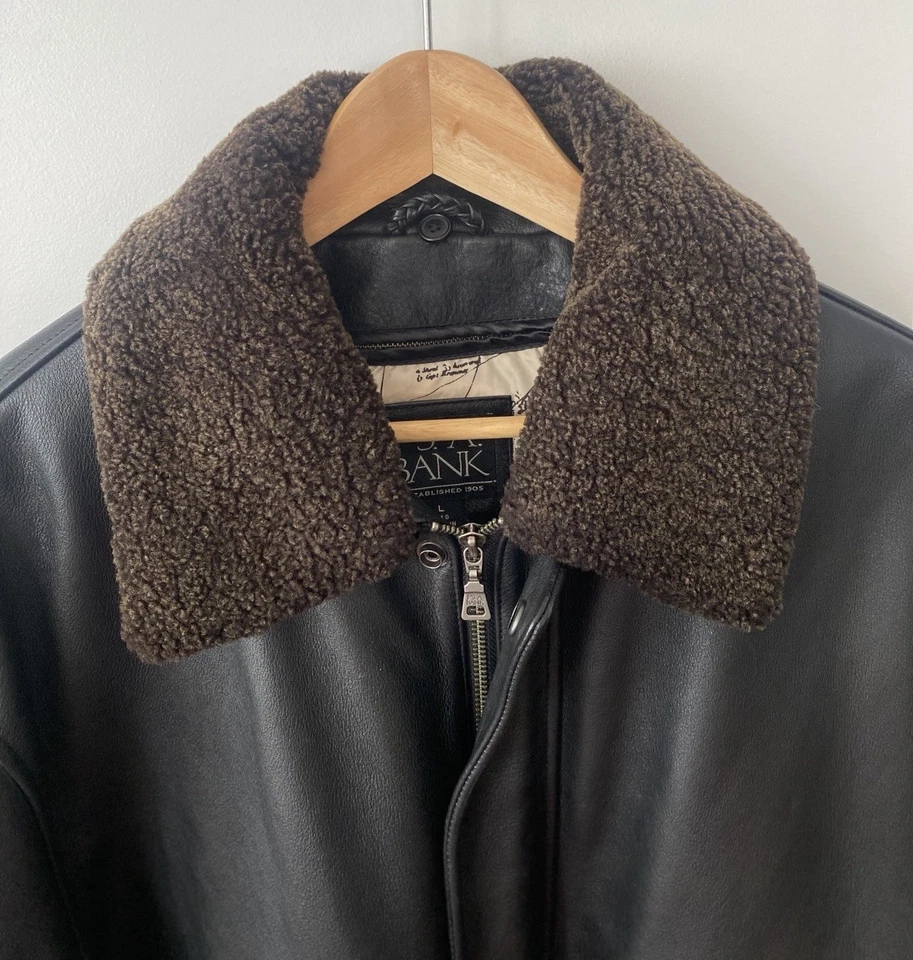 Jos. A. Banks Leather Bomber Jacket Brown Front Zip Lined Collar Men’s LARGE - Image 4 of 4
