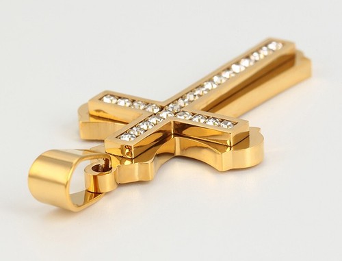 Collana in acciaio inox croce pendente cristalli oro giallo 999 placcato oro 24 carati 60 cm - Foto 8 di 9