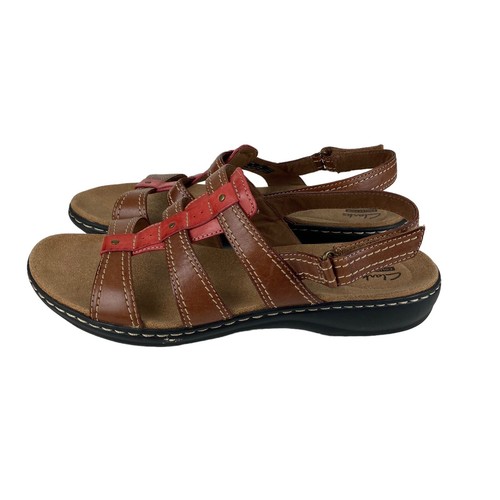 Sandalias Clarks de cuero marrón con tira trasera rosa para mujer talla 12 gancho lazo ajustable - Imagen 10 de 13