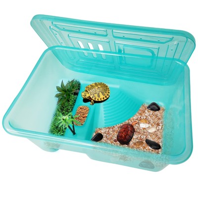 Turtle Tank with Lid, Plastic Reptile Terrarium Turtle Breeding Box with Bask...