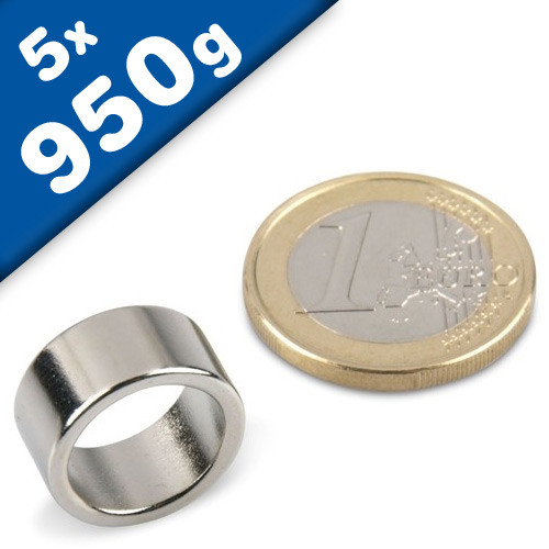 5 x Ringmagnet / Magnetring Ø 16/12,5 x  8 mm, Neodym N42, Nickel - hält 950 g - Bild 1 von 3