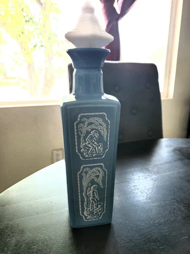 Vintage 1965 Jim Beam Blue & White Milk Glass Whiskey Decanter Bottle