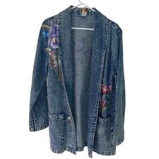 Vintage Blazer Womens Size Medium Blue Denim Acid Washed Cotton Floral Painted