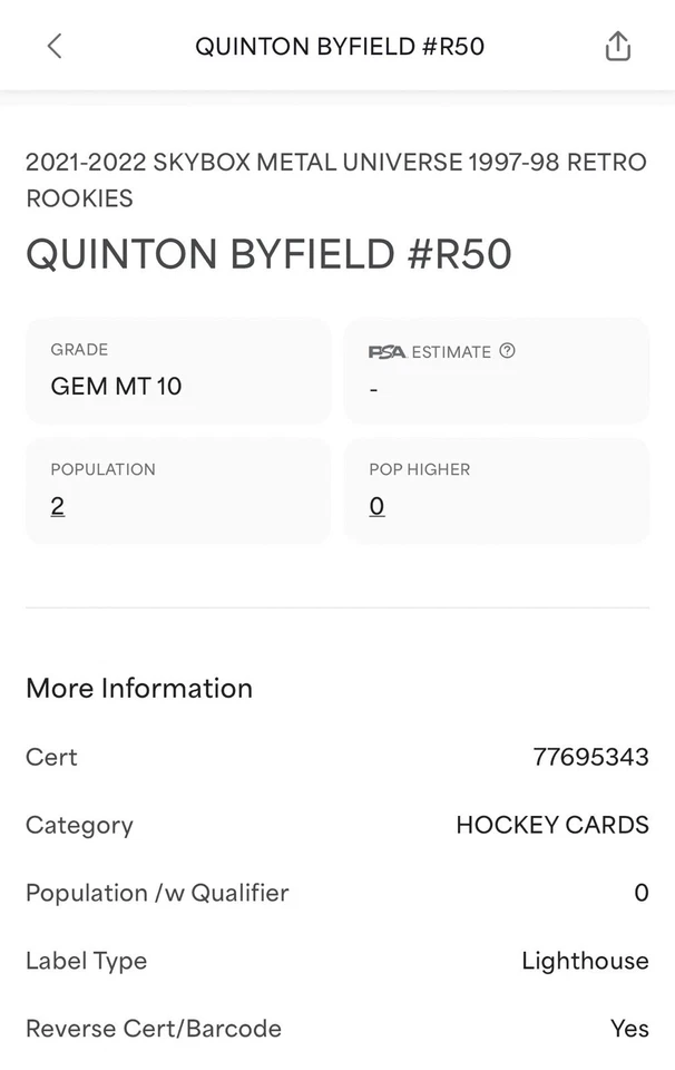 POP 2 PSA 10 RC Quinton Byfield 2021 Metal Universe 1997-98 Retro Rookie TOUGH - Image 3 of 3