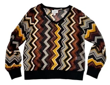 Missoni Women's Long Sleeve V-Neck Sheer Multicolor Chevron Top Size Med