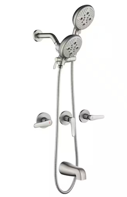 AIMADI DM-0106-BN 3-Handle 5-Spray Wall Mount Tub+Shower Faucet Brushed Nickel