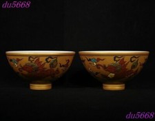4.2"Ming Dynasty wucai porcelain beast grain palace Tea cup Bowl Bowls A pair