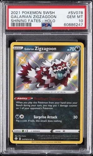 2021 POKEMON SWORD & SHIELD SHINING FATES #SV078 GALARIAN ZIGZAGOON-HOLO PSA 10