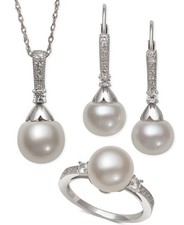 Macy's Pearl & White Topaz Jewelry Set 925 Sterling Silver QSET-11075-ME Size 7