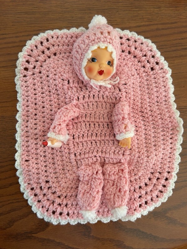 VTG Handmade, crocheted, pink and white security cuddle doll ￼