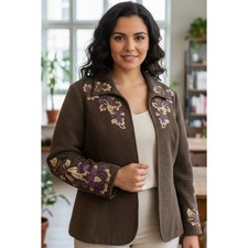 Y2K Coldwater Creek Blazer Jacket Women's Size W18 Floral Embroidered Brown Boho