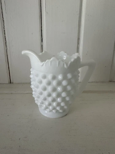 FENTON Vintage White Hobnail Milk Glass Creamer Pitcher 8 Oz Scalloped 4”