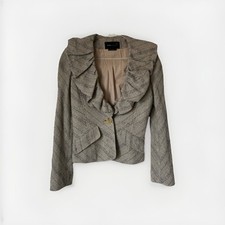 BCBG MAXAZRIA Light Beige Tweed Ruffle Collar Blazer Jacket Size M