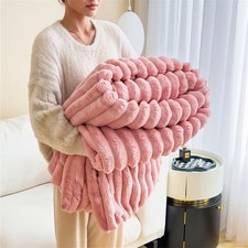 Large Ribbed Faux Fur Warm Fleece Throw Over Soft Sofa Bed Blanket Double & King