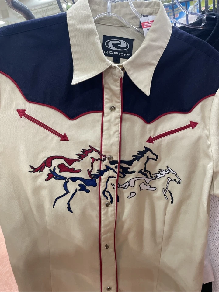 Camisa vaquera vintage Roper para mujer L bordada Rockabilly Rodeo Horses Foto 4 de 4