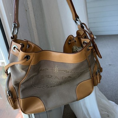  Prada  Leather Trimmed Canvas Shoulder Bag