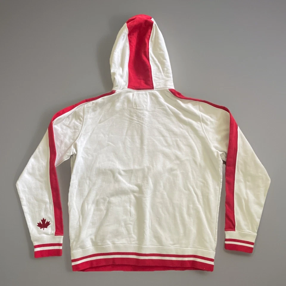 Roots Canada Pullover Hoodie Men's Size Large White Red Stripe Beaver Sweatshirt - Image 2 of 4