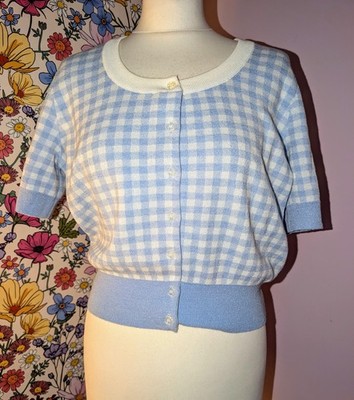 Juicy Couture adretter Strickpullover Gingham babyblau Knopfleiste Kurzarm XL 14