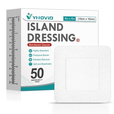 50 Count Island Dressing Bordered Gauze 4'' x 4'', Gauze Pads Individually Wrap...