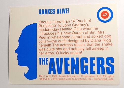 Vintage 1992 The Avengers Cornerstone Trading Card #43 Snakes Alive Mrs Peel B&W - Foto 2 di 3