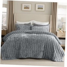 Velvet Quilt King Size Set - 108"x96" King/Cal King 05 - Sliver Gray