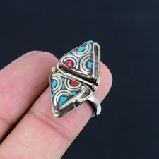 Tibetan Turquoise Red Coral 925 Sterling Silver Adjustable Nepali Ring PG 3069