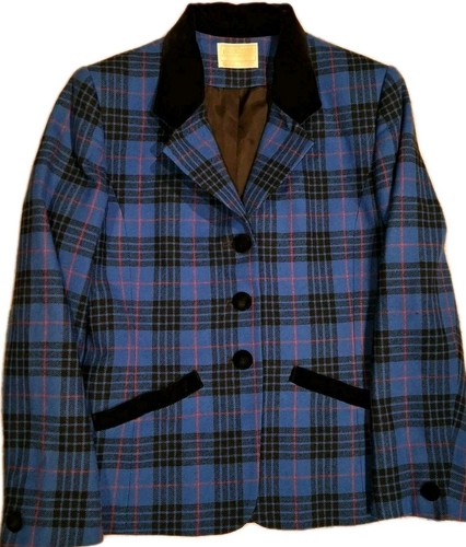 Pendleton, Pendleton Wool Blazer Womens 6 S Vintage Blue Plaid Tartan Velvet Collar USA