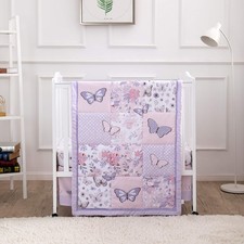 Baby Mini Crib Bedding Set for Girls, Pastel Purple Butterfly, 3 Piece Crib S...