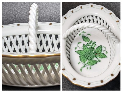 Herend Hungary Apponyi Green Chinese Bouquet Porcelain Open Weave Basket wHandle