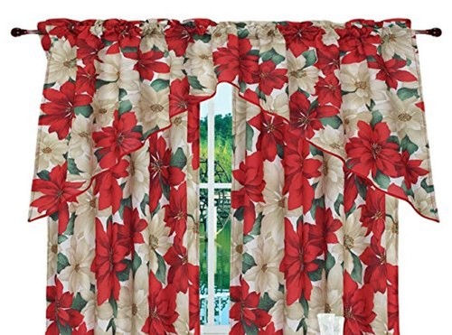 Decorative Christmas Printed Poinsettia Floral Design 3 Piece Kitchen Curtain...