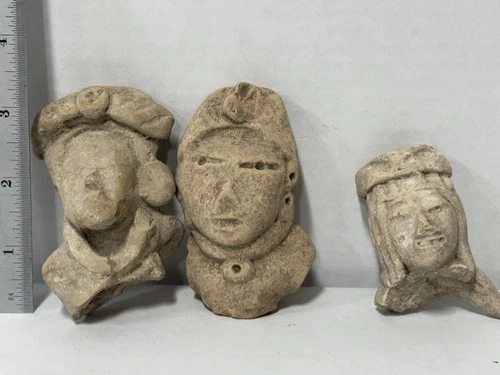 Lot of 3 Pre-Columbian Terracotta Pottery Figure Fragments Heads Busts D7