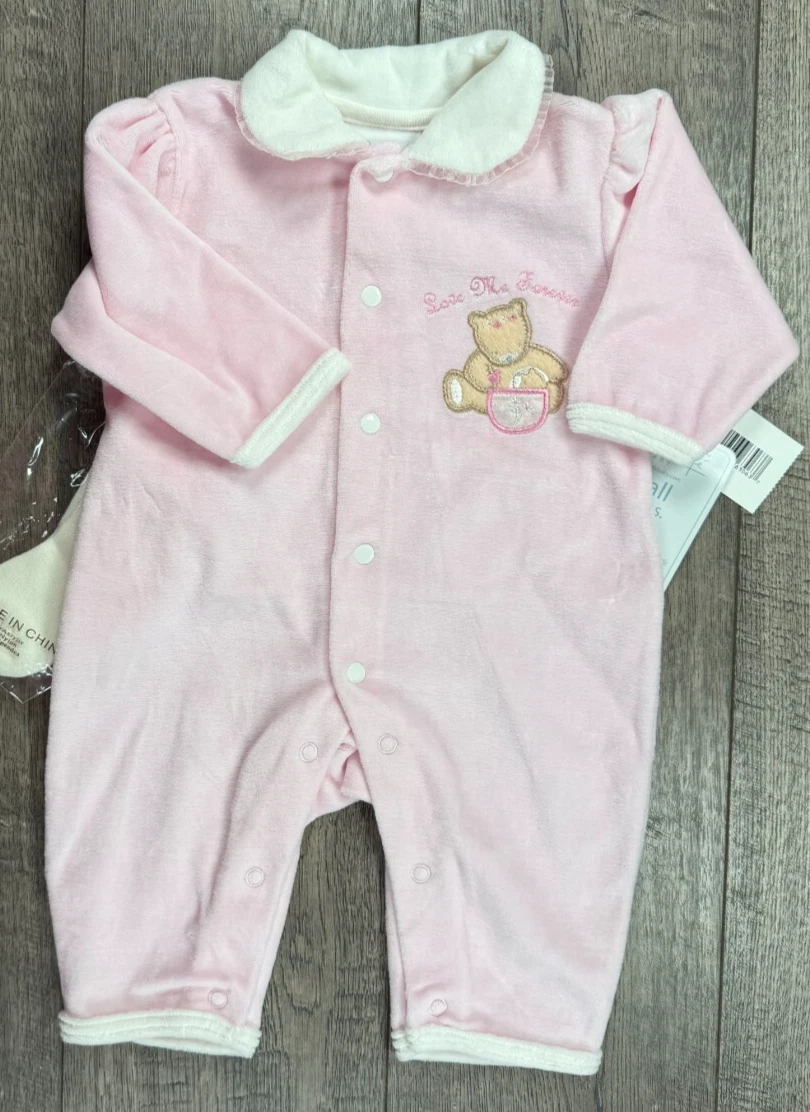 Baby Girl Clothes New Rene Rofe 0-3 Month 2pc Pink Bear Velour Outfit & Socks
