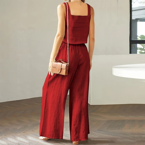 Chic Summer Square Neck Tank Top with Wide Leg Trousers Women's Outfit Set - Picture 11 of 43
