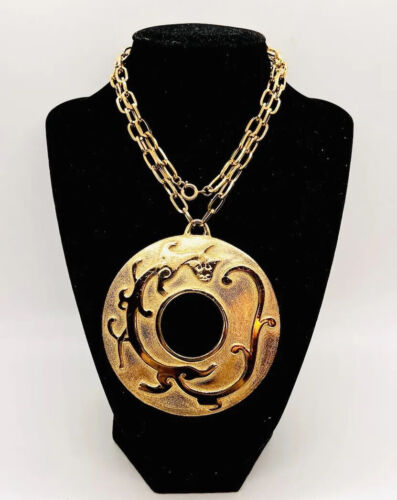 Huge TRIFARI Stylized Dragon Necklace Gold Tone Si