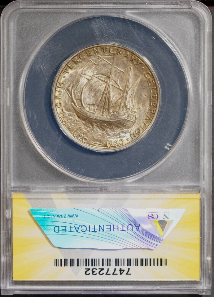 1920 50c Silver Pilgrim Half-dollar MS 64 ANACS # 7477232 + Bonus Nice Color - Image 2 of 2