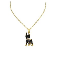Gold Tone Round Black Pav  Crystal Doberman Pendant 20"