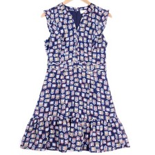 Maison Jules Windowpane Print Flare Ruffle Hem V-Neck Dress  Women 4 Cottagecore