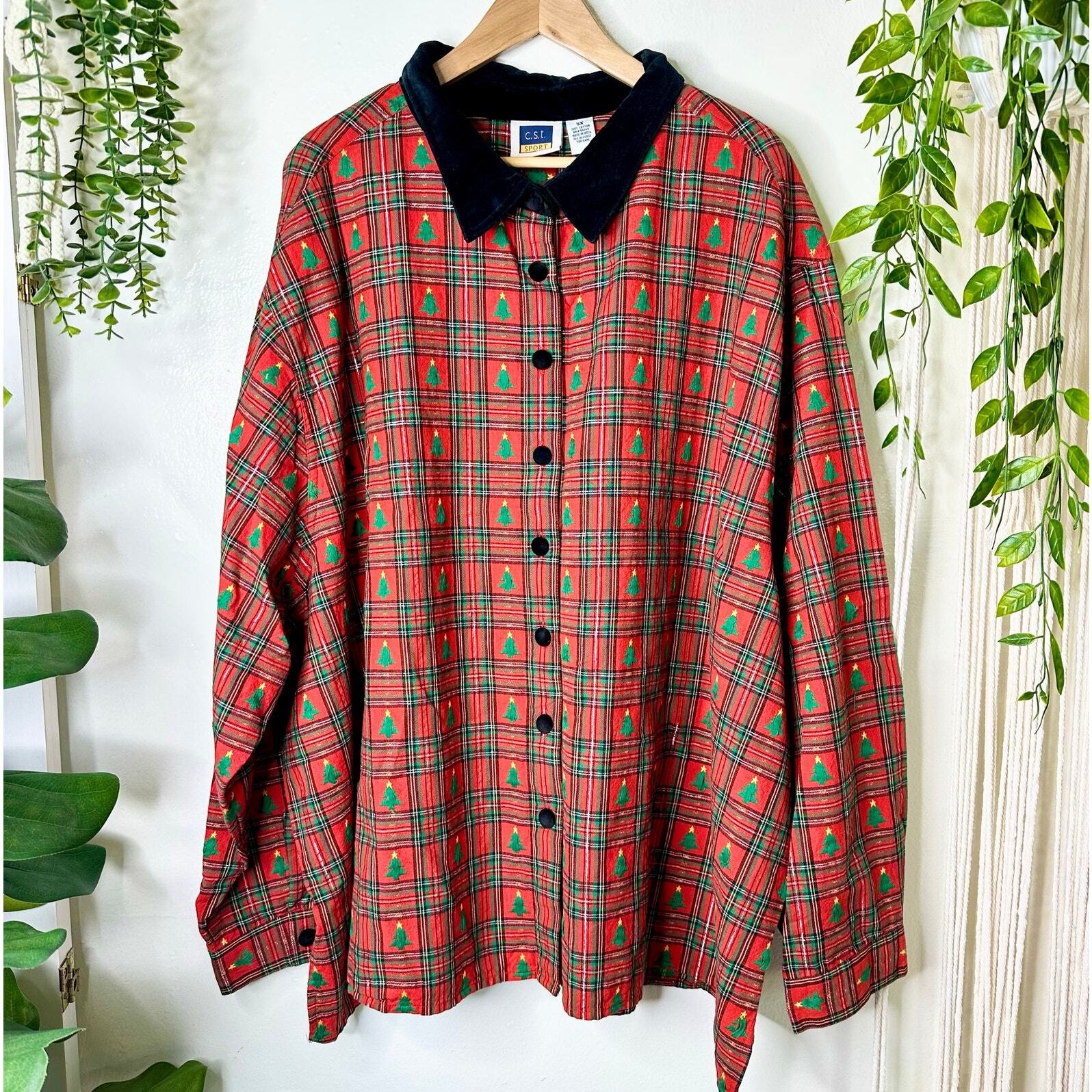 VTG Retro Embroidered Xmas Tree Red Plaid Velour Collared Novelty Dad Shirt 5XL
