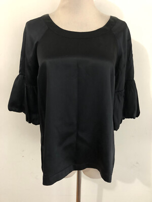 Pixie Hopkins 100% Silk Top Blouse Black 3/4 Flounced Raglan Sleeve Size XS