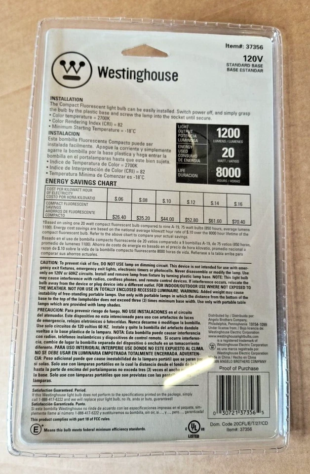 Westinghouse 20W Triple Compact Fluorescent Bulb, Warm Color, 1200 Lumens - Image 2 of 2