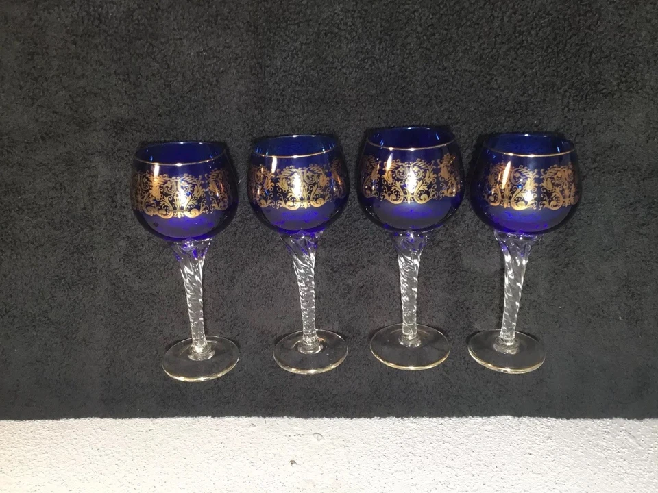 4~Copa de vino azul corvejón checo bohemio vintage/con superposición dorada/con vástago retorcido 7"" Foto 2 de 4