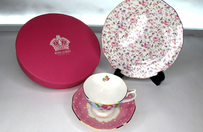 Royal Albert MODERN Vintage Mix Blue Teacup Pink Saucer Rose Plate  Boxed