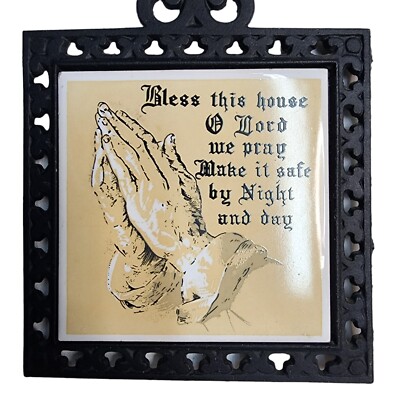 Vintage Cast Iron Trivet Praying Hands Ceramic Tile Japan 1970s Footed Blessing