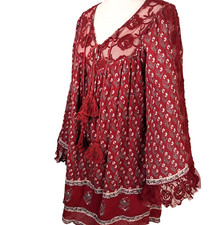 Free People Red Gauze Lace Women's SP Sheer Back BoHo Mini Dress Tunic